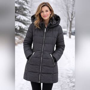 Andrew Marc Stretch Black Puffer Lined Long Jacket with Hood
